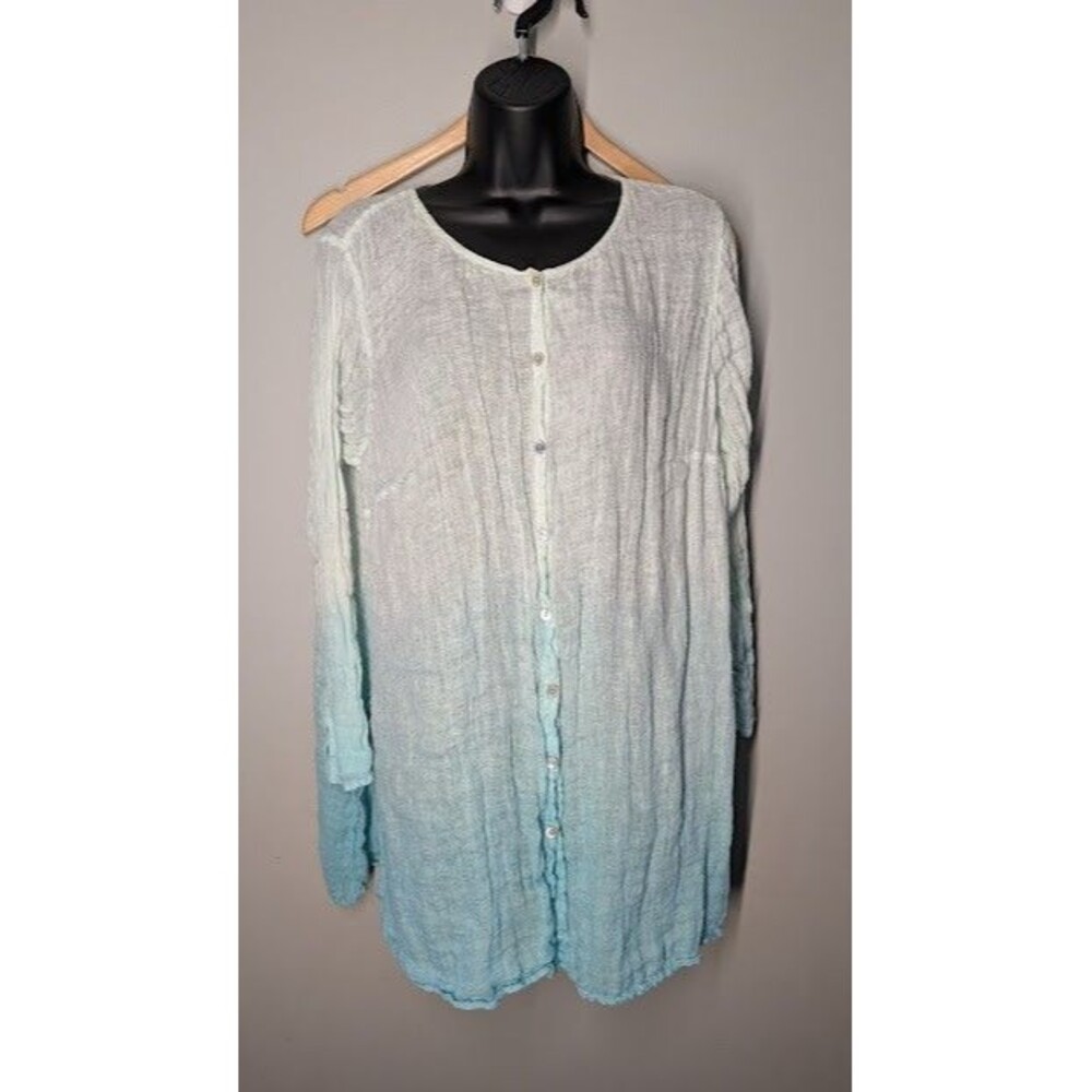 Eileen Fisher Women's XL Ombre Teal 100% Linen Tunic Button Up Top Beach